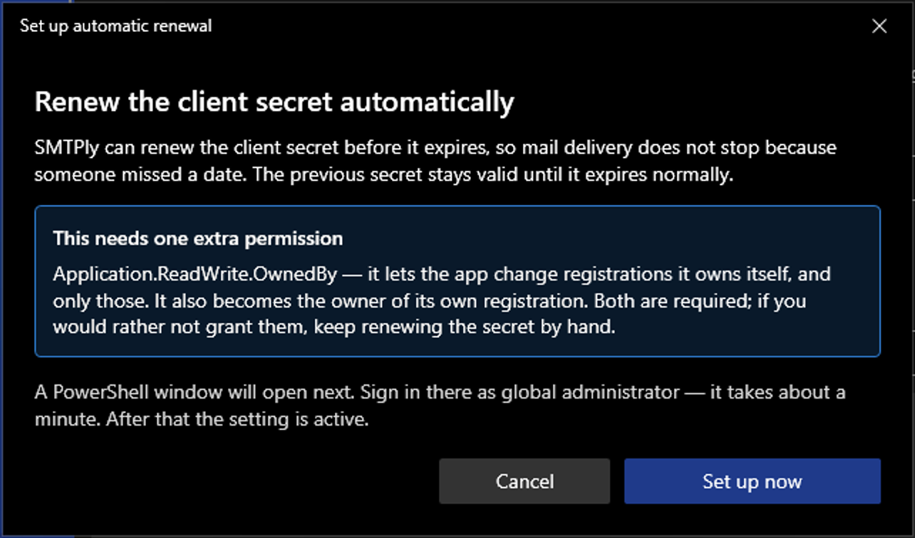 Assistant dialog explaining that automatic renewal needs the Application.ReadWrite.OwnedBy permission, with Cancel and Set up now buttons