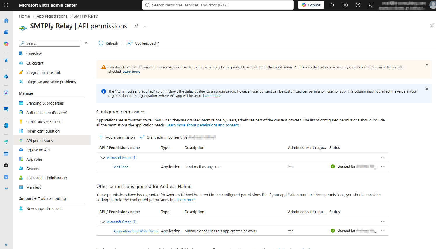 Entra admin center, API permissions of the SMTPly app: Mail.Send under configured permissions, Application.ReadWrite.OwnedBy under permissions additionally granted for the administrator