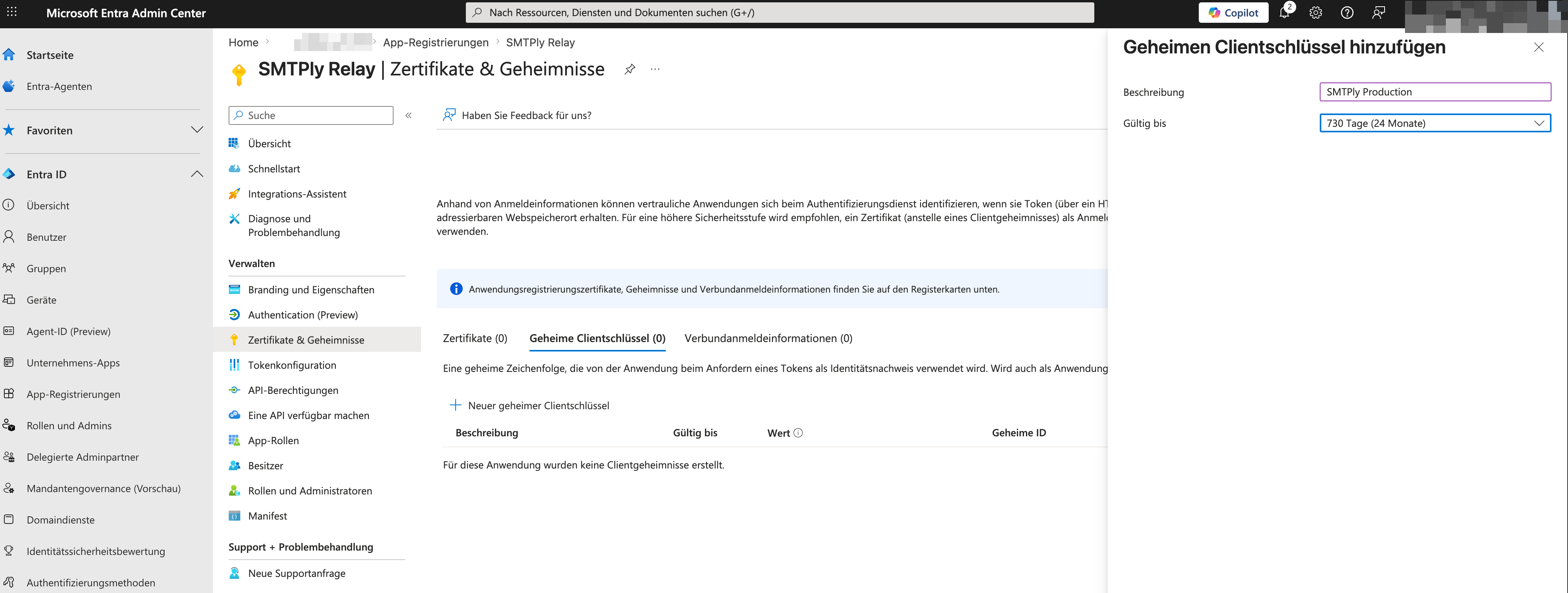 Dialog 'Geheimen Clientschlüssel hinzufügen' mit Beschreibung SMTPly Production und 730 Tagen Laufzeit