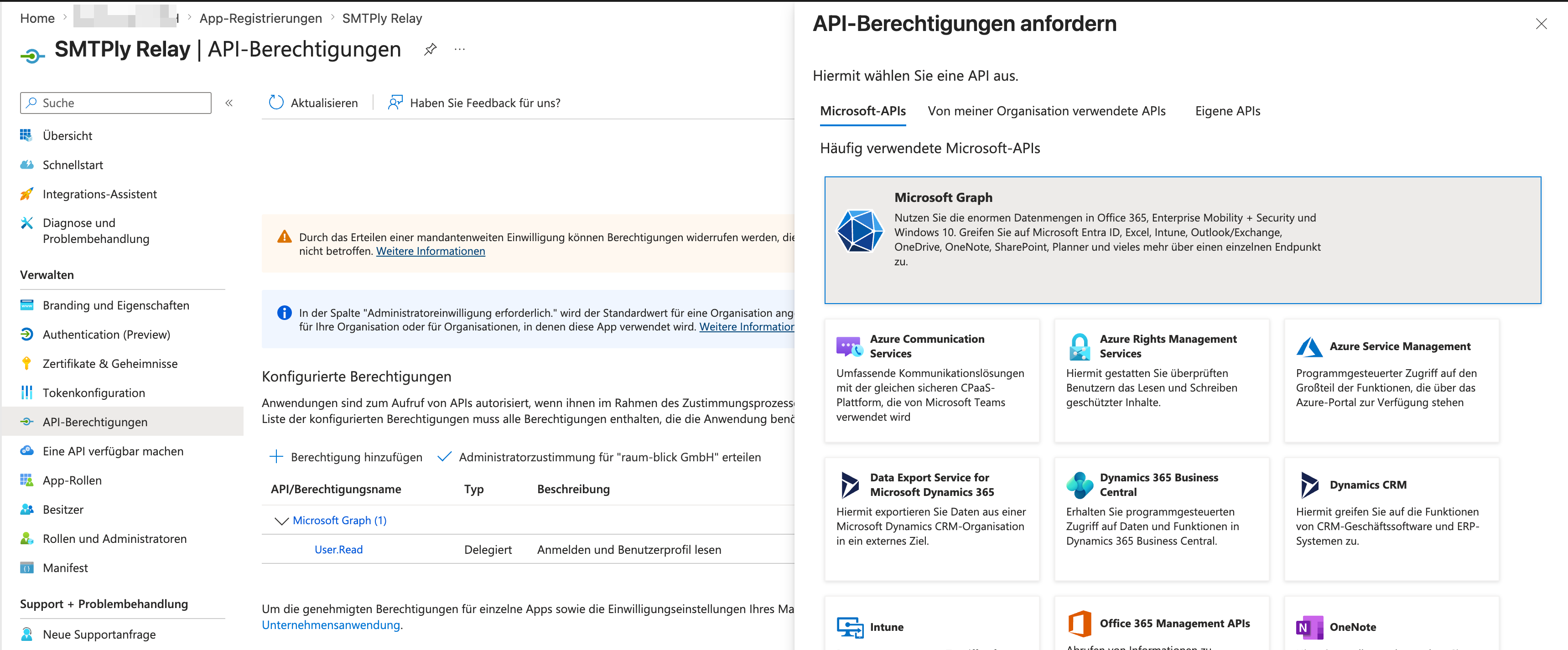 Panel 'API-Berechtigungen anfordern' mit Auswahl Microsoft Graph hervorgehoben