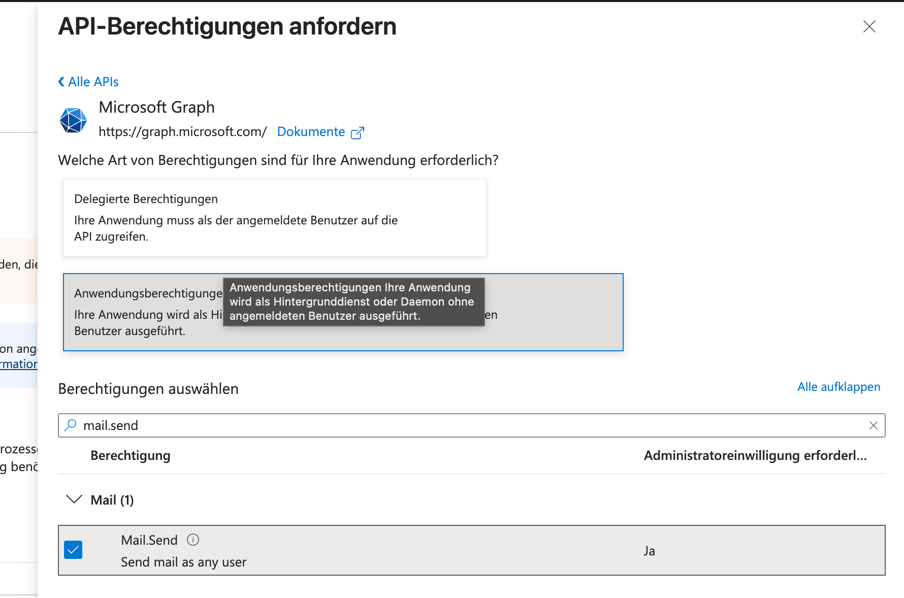 Mail.Send Berechtigung ausgewählt: Send mail as any user