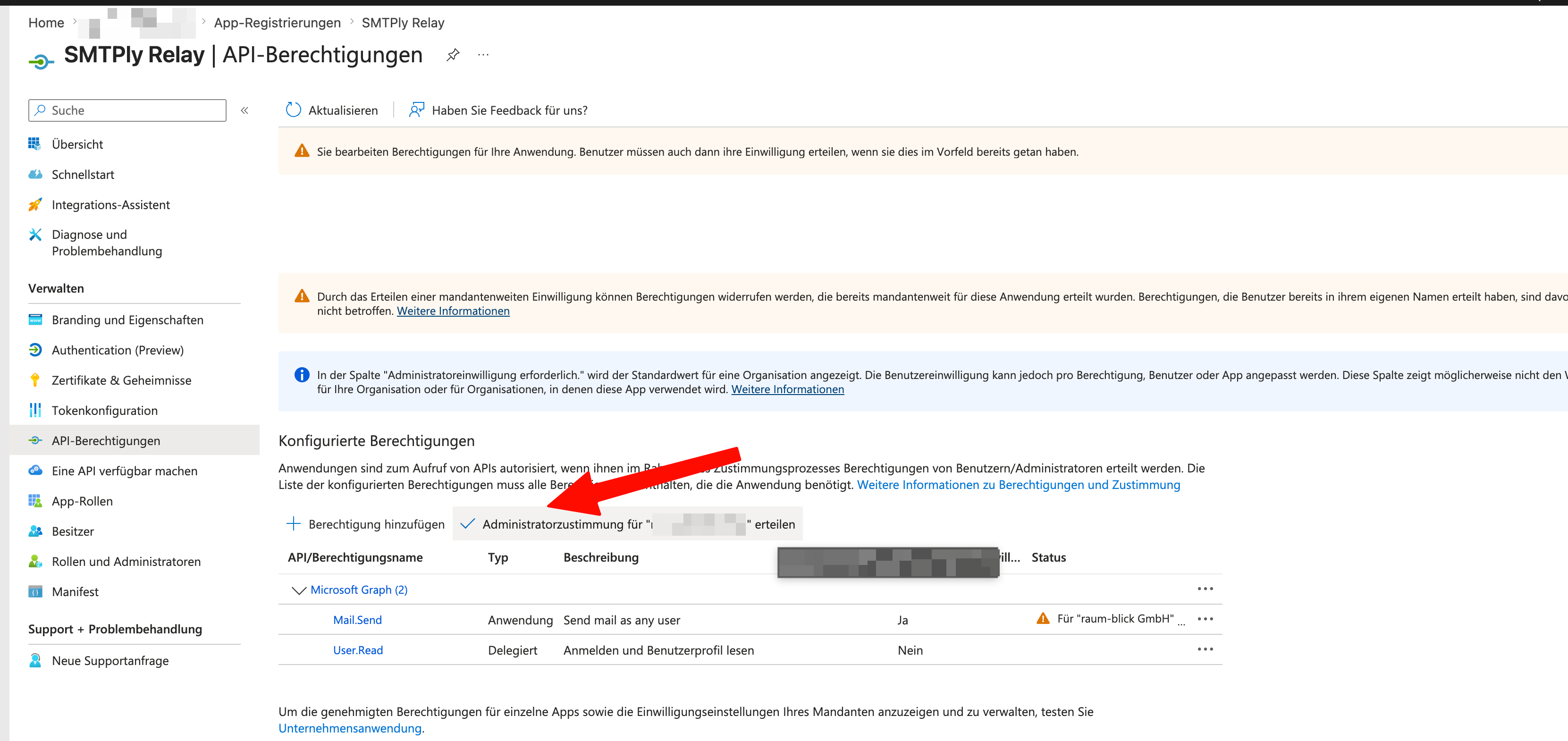 API-Berechtigungen-Übersicht mit Pfeil auf den Button 'Administratorzustimmung erteilen'