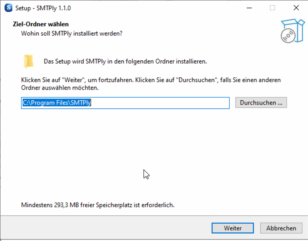 Installer Schritt 1: Dialog zur Auswahl des Ziel-Ordners mit Vorgabe C:\Program Files\SMTPly