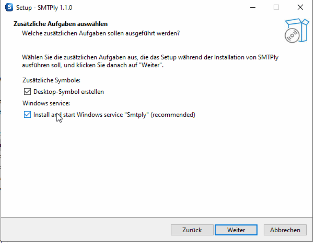 Installer Schritt 2: Zusätzliche Aufgaben mit Desktop-Symbol und Windows-Dienst-Installation aktiviert