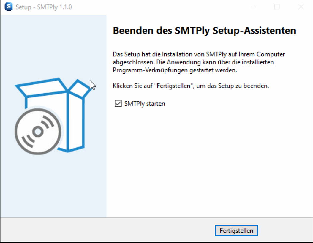 Installer Schritt 4: Abschluss-Seite mit Häkchen 'SMTPly starten'