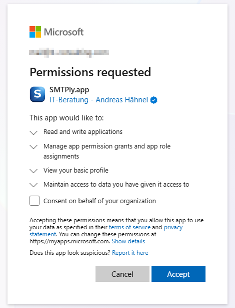Microsoft consent dialog showing the verified publisher IT-Beratung – Andreas Hähnel