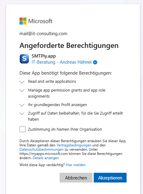 Zustimmungsdialog von Microsoft mit dem verifizierten Herausgeber IT-Beratung – Andreas Hähnel