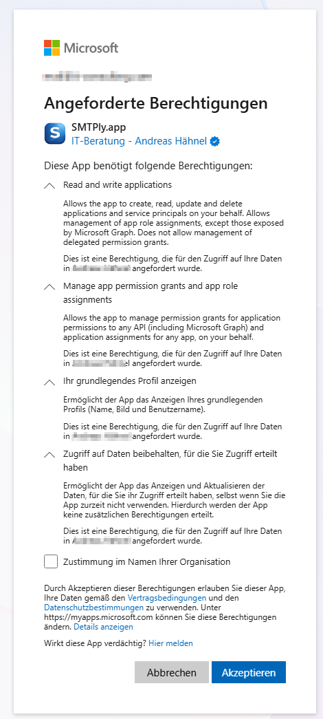 Derselbe Dialog mit ausgeklappten Beschreibungen der vier Berechtigungen