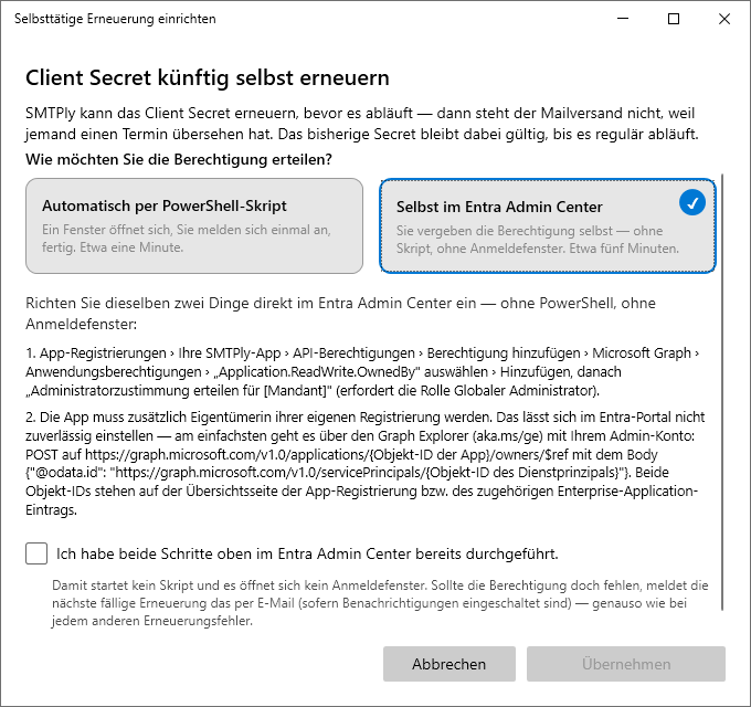 Dialog zur selbsttätigen Erneuerung mit der Wahl zwischen der Einrichtung durch SMTPly und der manuellen Einrichtung im Entra Admin Center; der manuelle Weg ist gewählt und zeigt die beiden Schritte zum Bestätigen