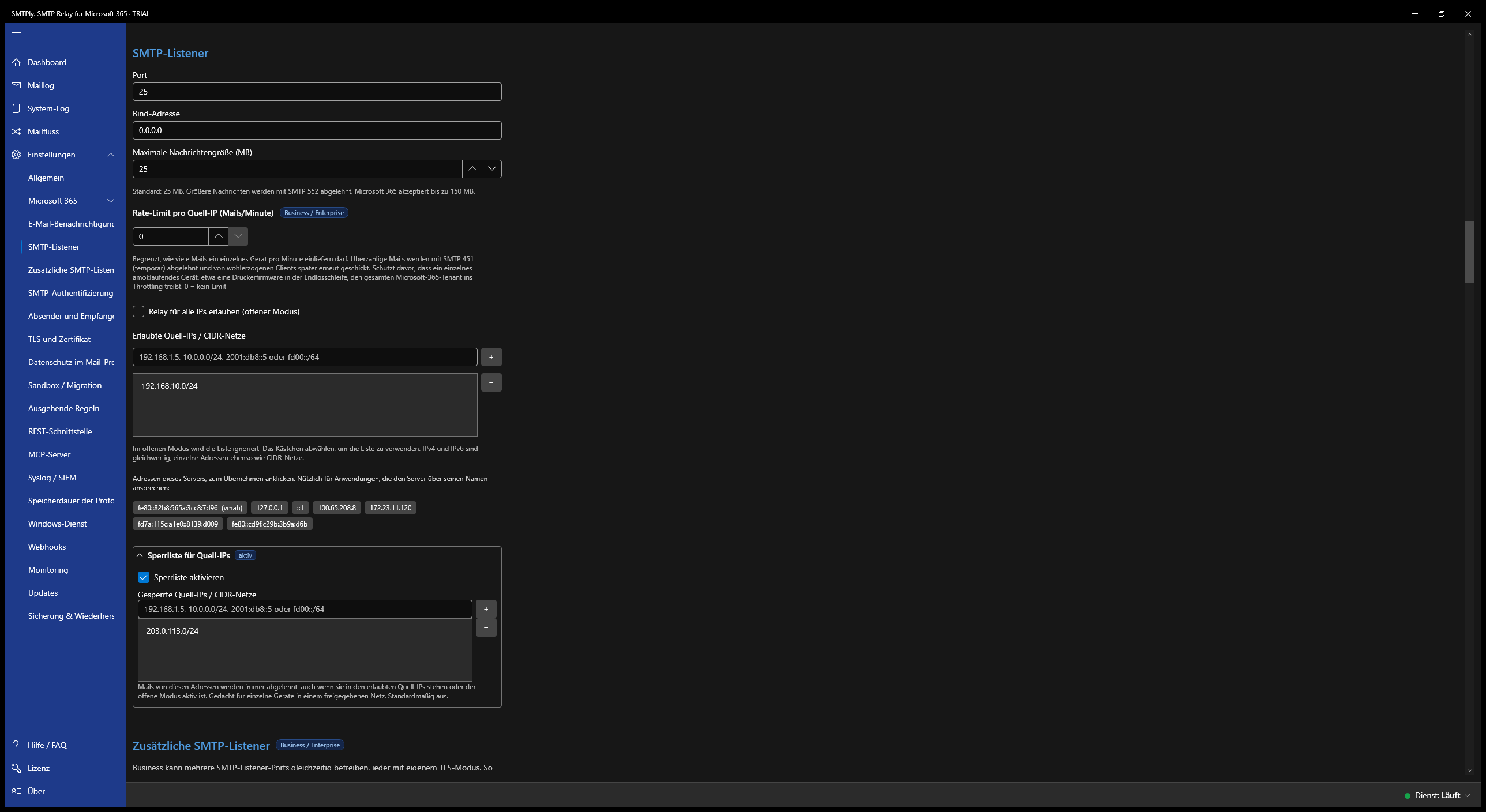 Einstellungen – SMTP-Listener