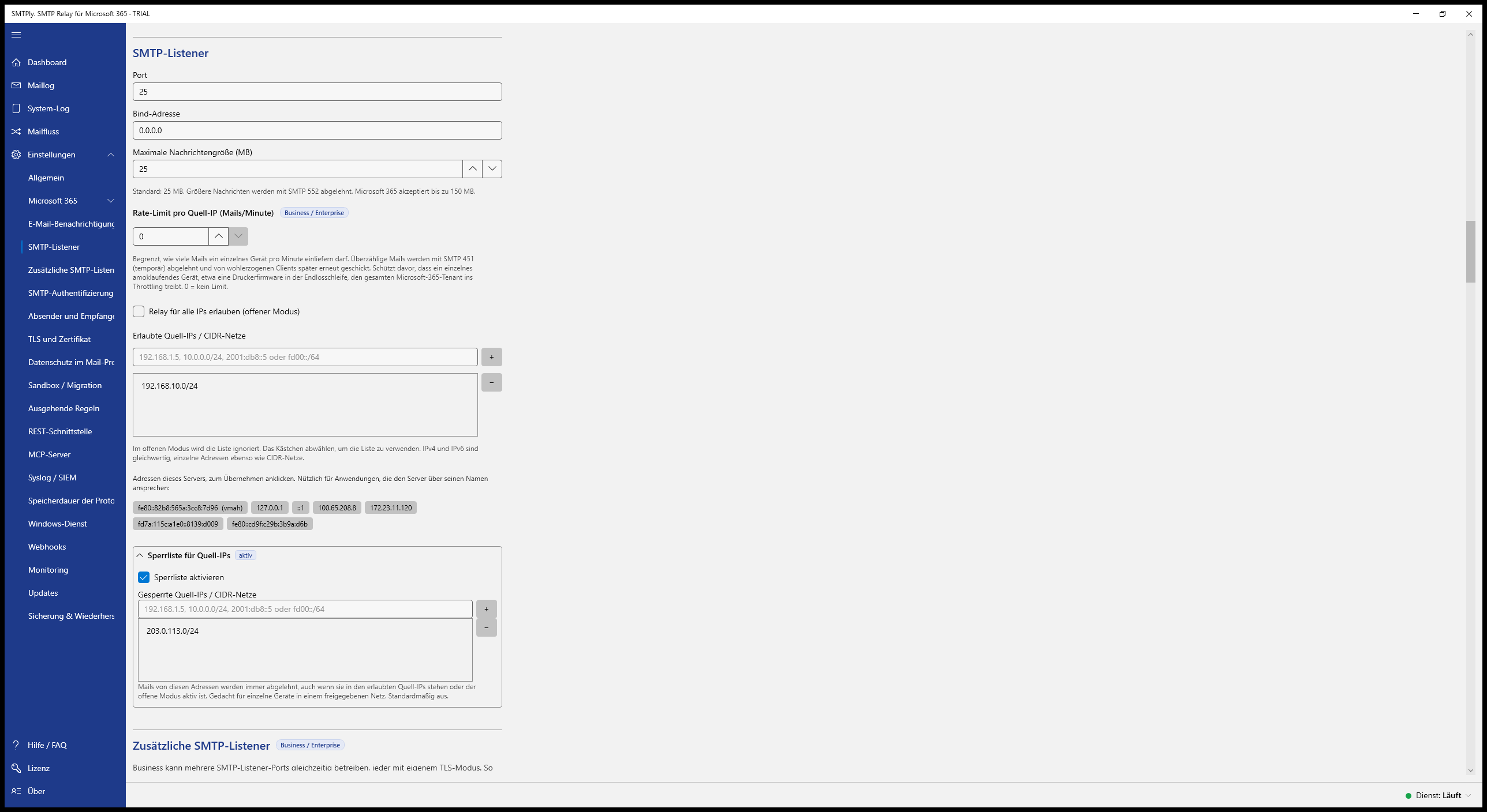 Einstellungen – SMTP-Listener