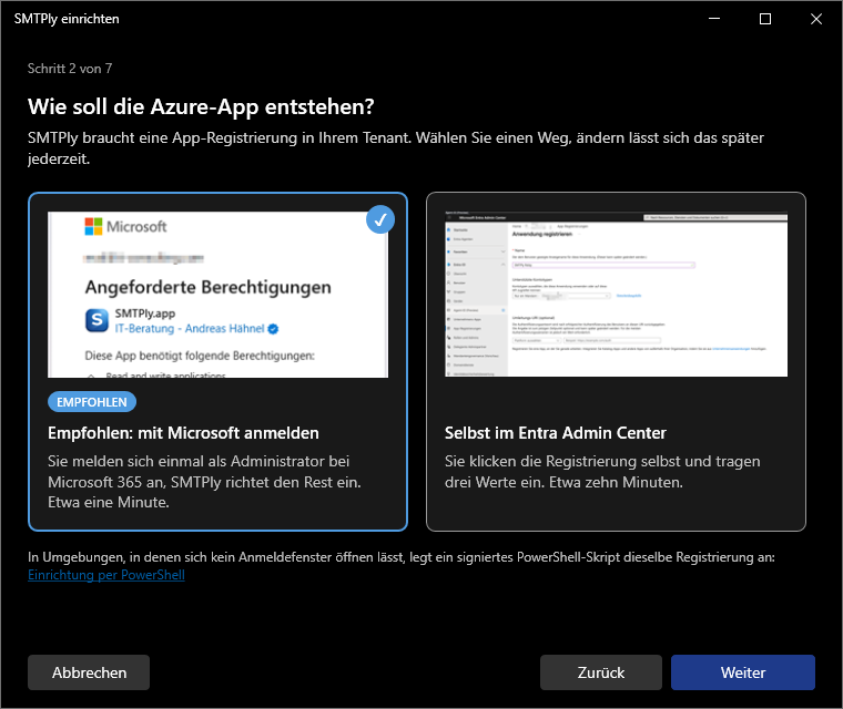 Einrichtungsassistent: Wahl zwischen automatischer Einrichtung per PowerShell-Skript und manueller Registrierung im Entra Admin Center