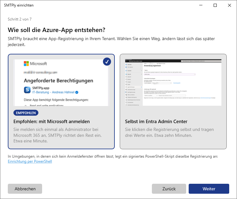 Einrichtungsassistent: Wahl zwischen automatischer Einrichtung per PowerShell-Skript und manueller Registrierung im Entra Admin Center