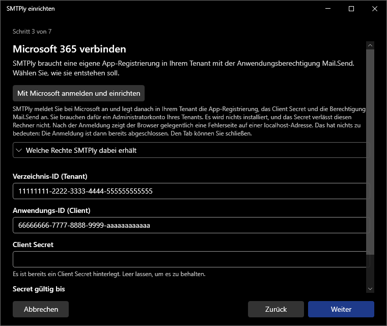 Einrichtungsassistent: Microsoft 365 verbinden, Skript ausführen und automatisch eingetragene Werte