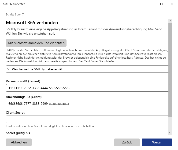 Einrichtungsassistent: Microsoft 365 verbinden, Skript ausführen und automatisch eingetragene Werte