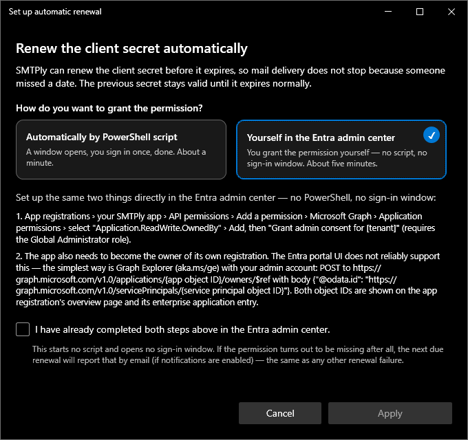 Automatic renewal dialog offering a choice between setup by SMTPly and manual setup in the Entra admin center; the manual route is selected and shows the two steps to confirm