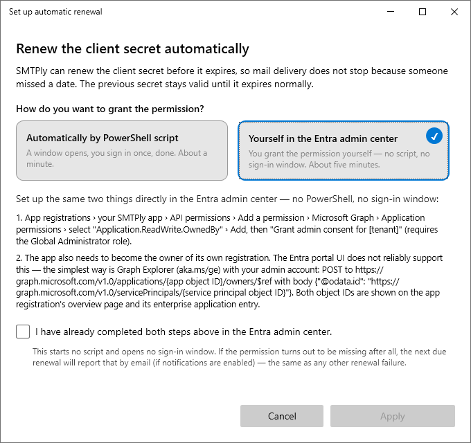 Automatic renewal dialog offering a choice between setup by SMTPly and manual setup in the Entra admin center; the manual route is selected and shows the two steps to confirm
