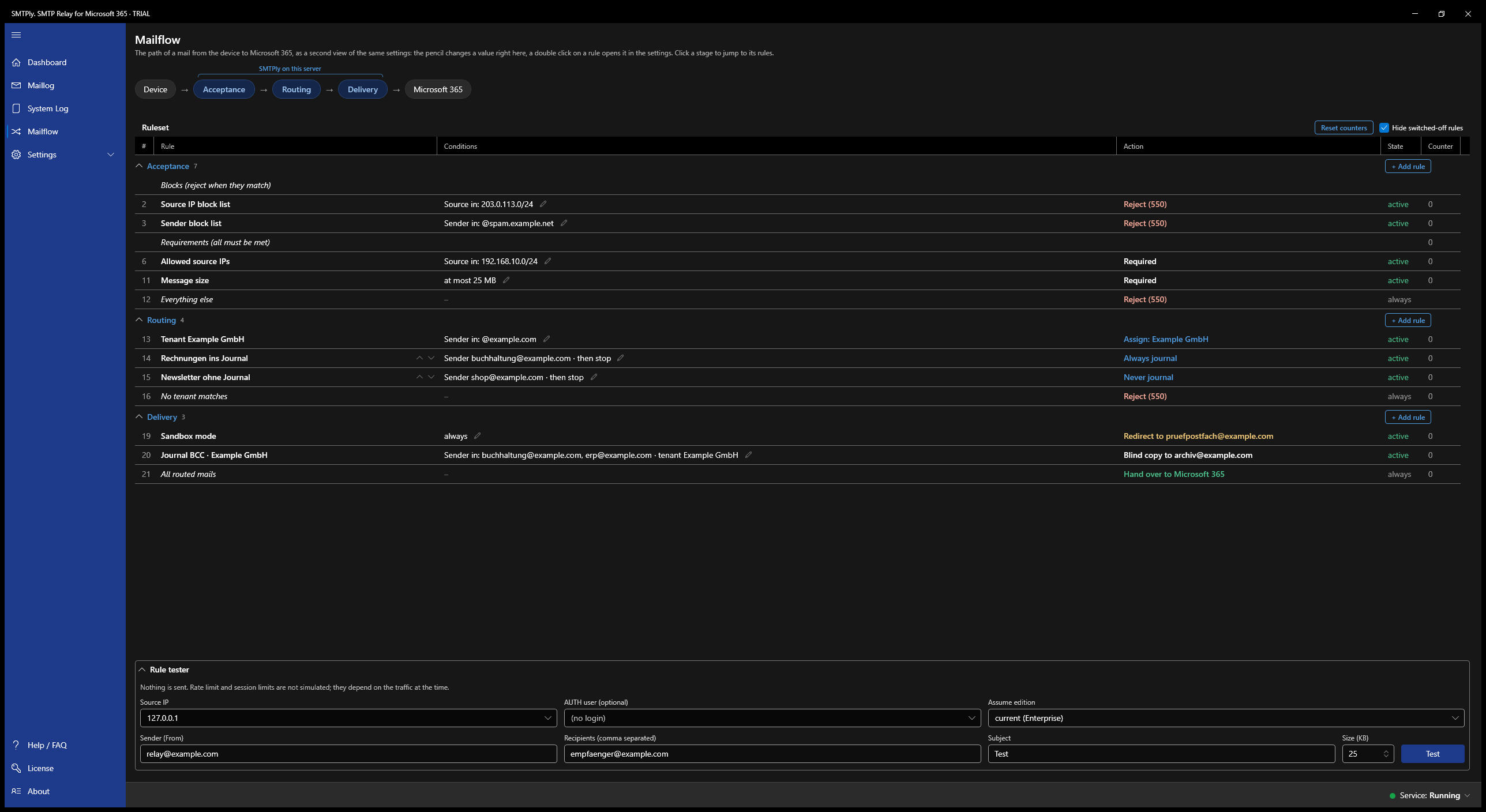 SMTPly Mailflow with ruleset and rule tester