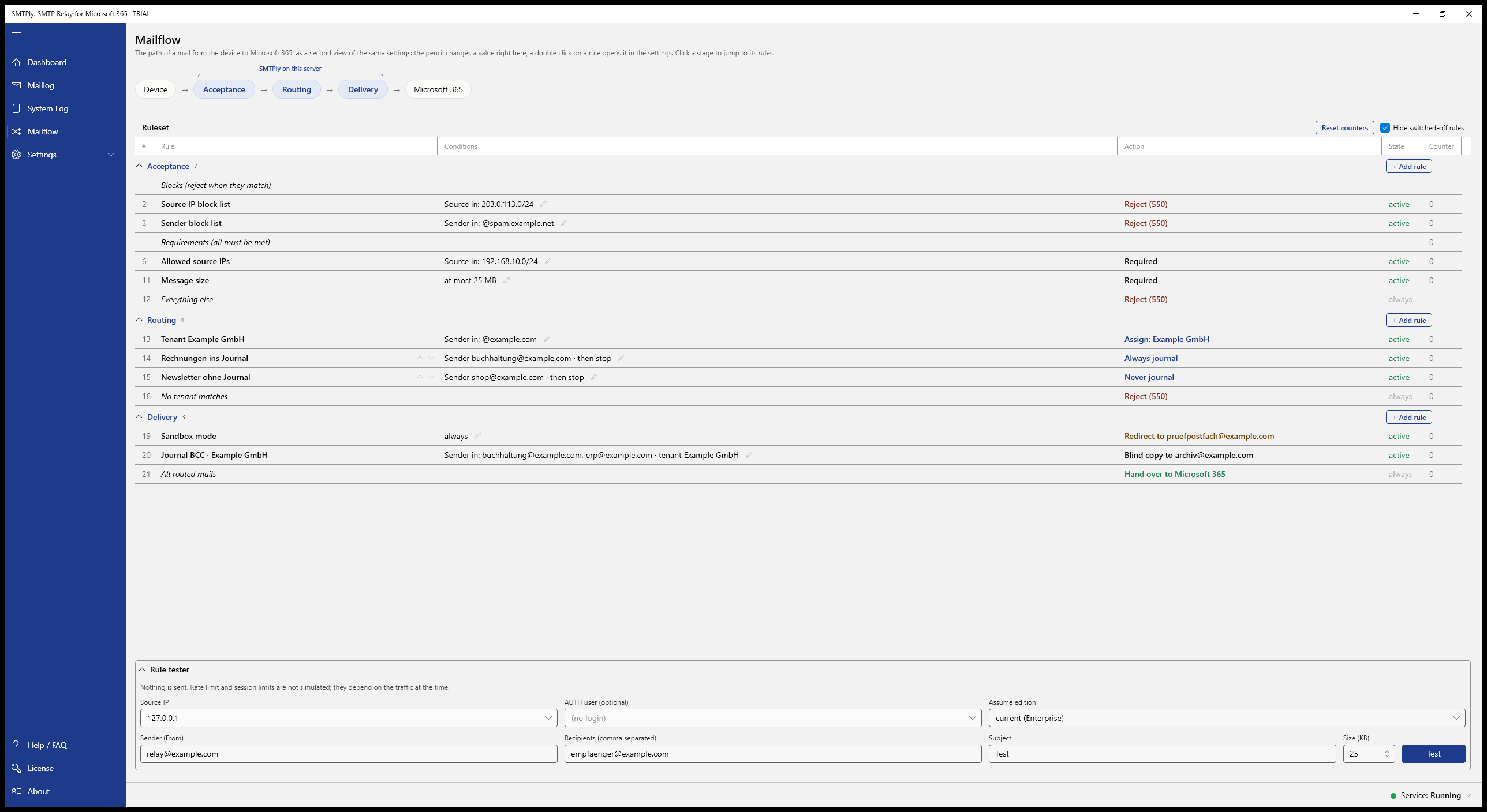 SMTPly Mailflow with ruleset and rule tester