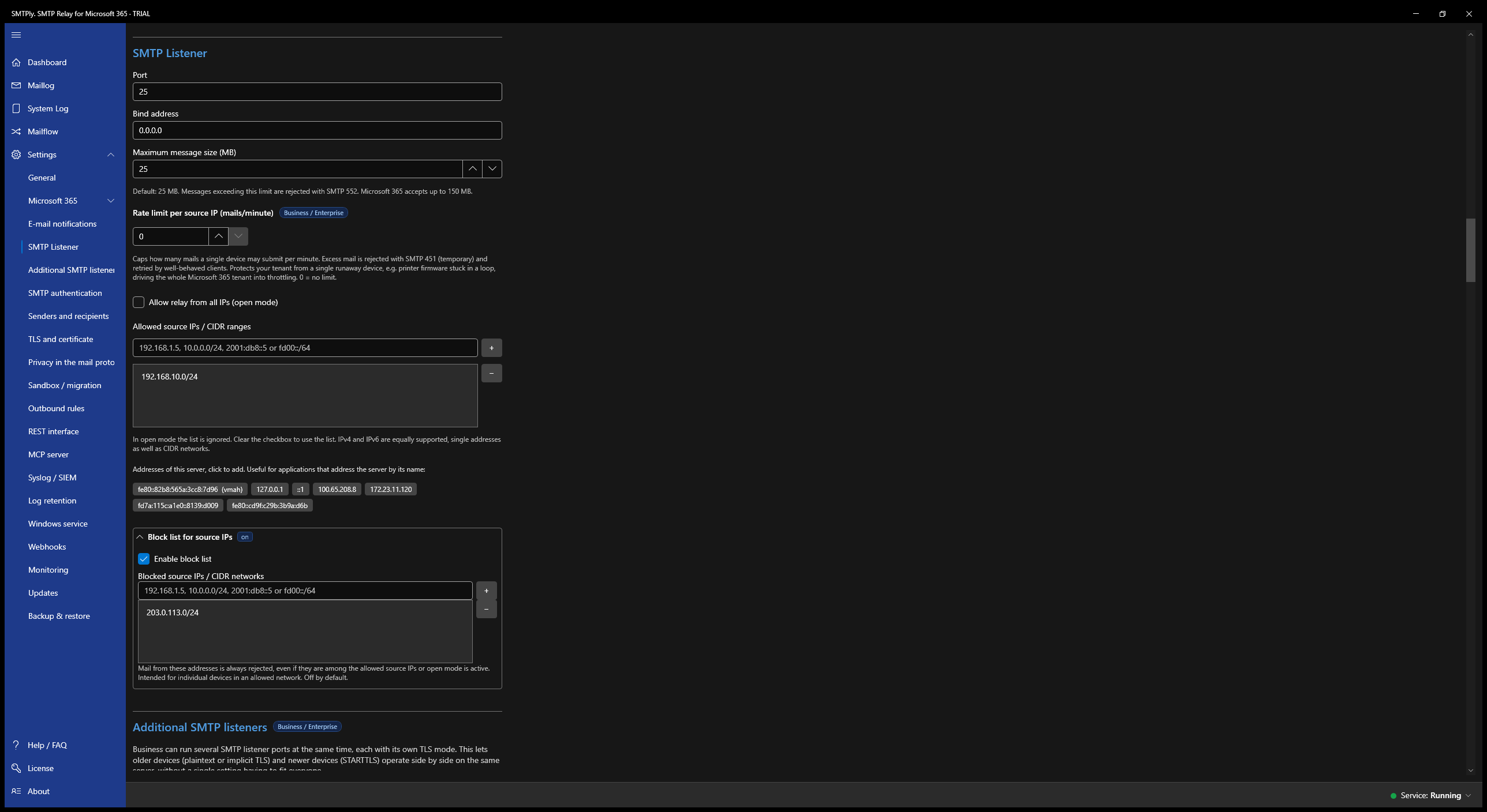 Settings – SMTP listener