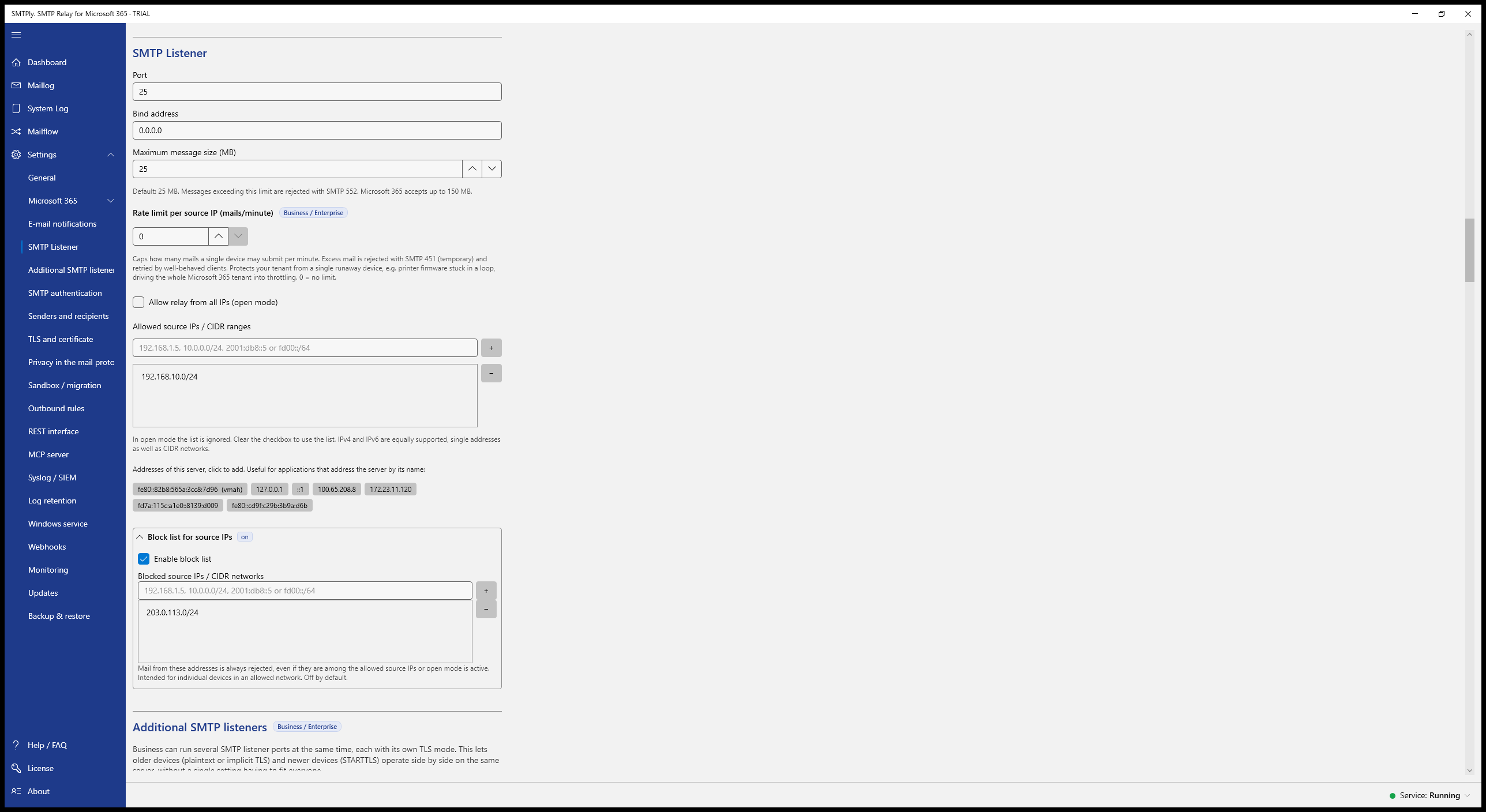 Settings – SMTP listener