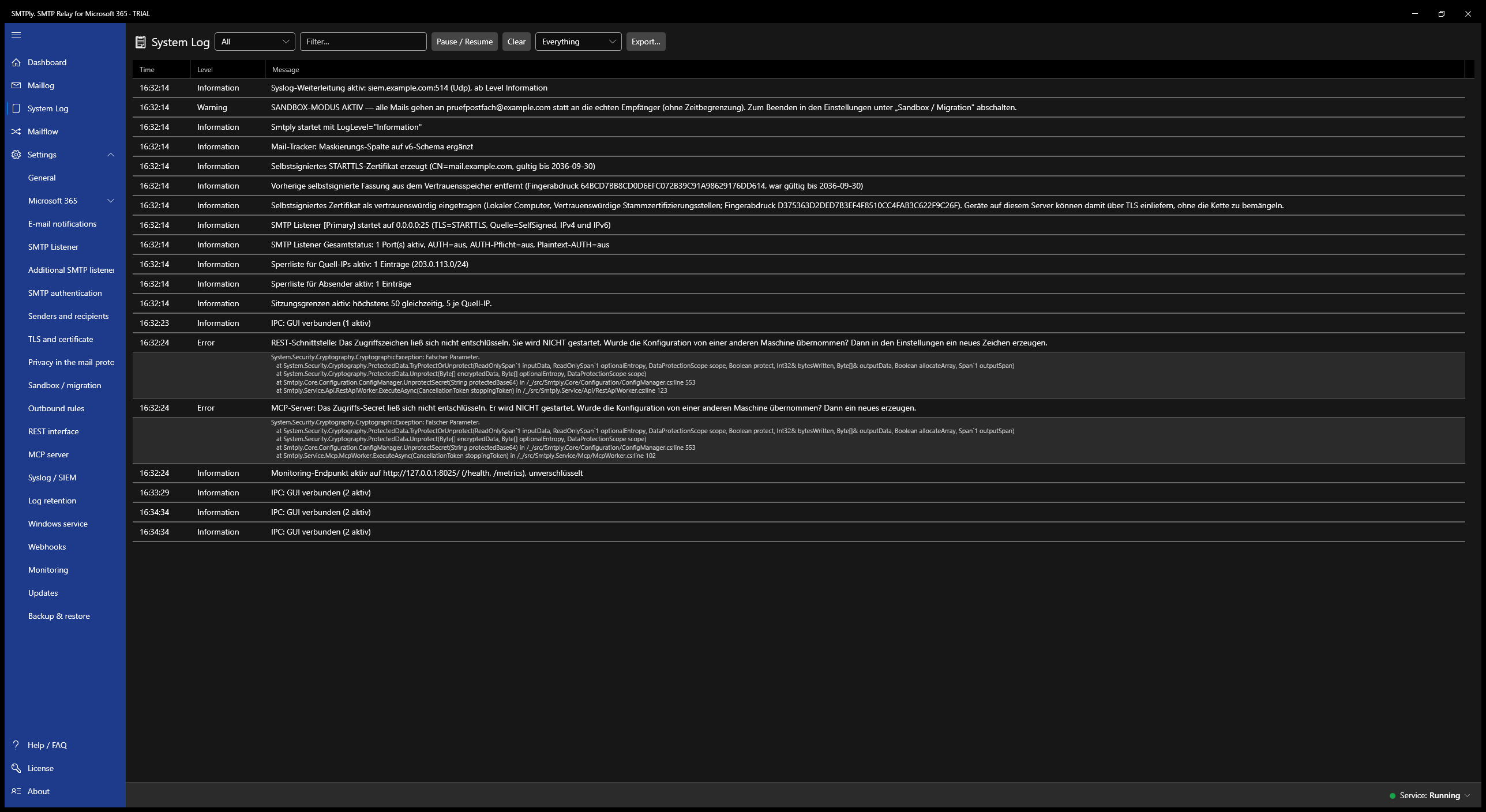 System log – live event stream