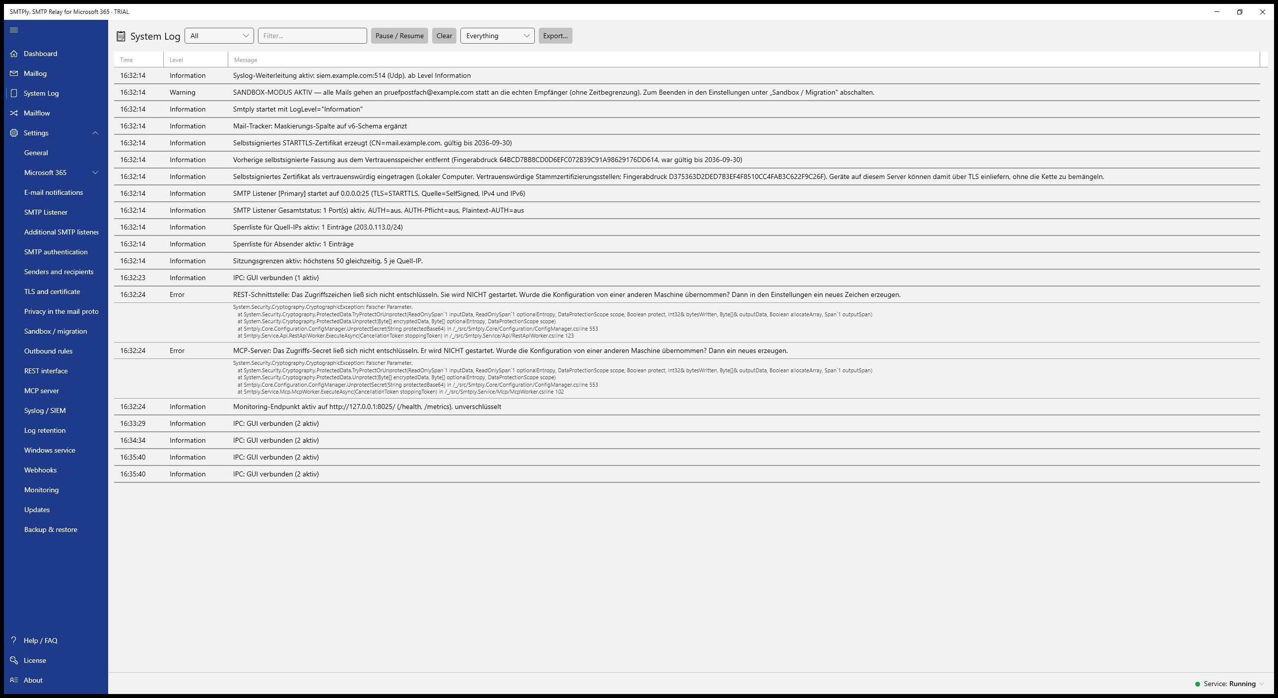 System log – live event stream