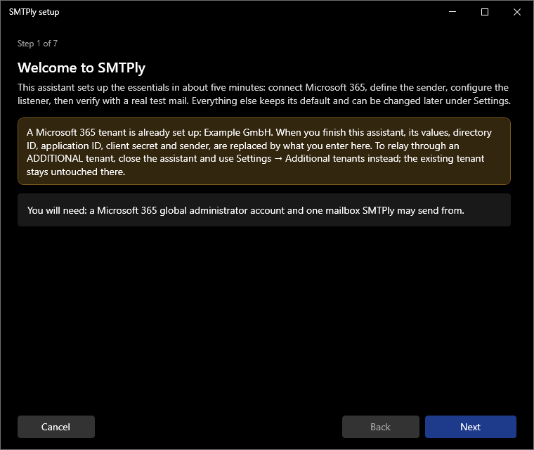 Assistant step 1: welcome screen with an overview of what will be set up