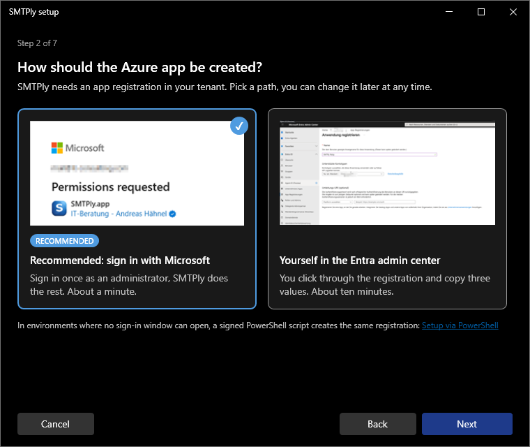 Assistant step 2: choice between signing in with Microsoft and registering manually in the Entra admin center