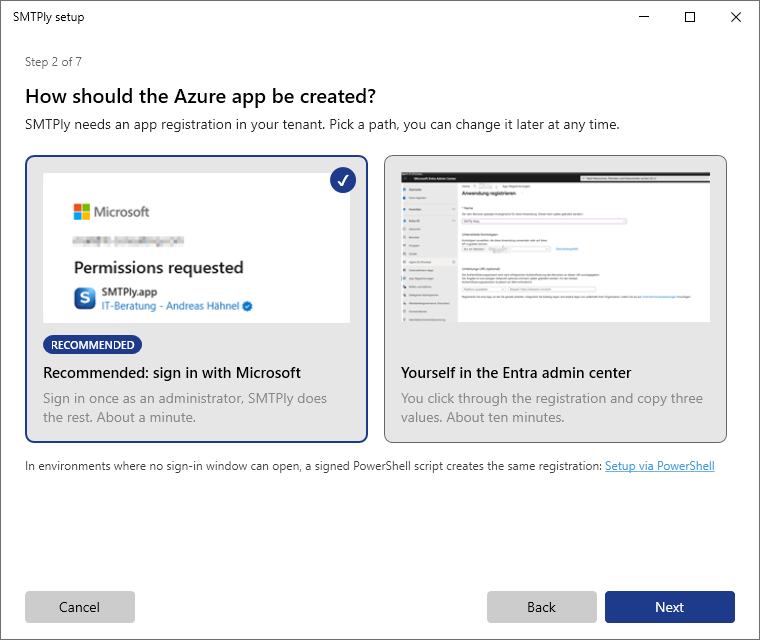 Setup assistant: choose automatic setup by PowerShell script or manual registration in the Entra admin center