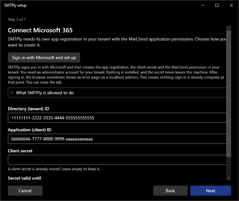 Setup assistant: connect Microsoft 365, run the script and the values it fills in automatically