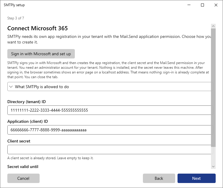 Setup assistant: connect Microsoft 365, run the script and the values it fills in automatically