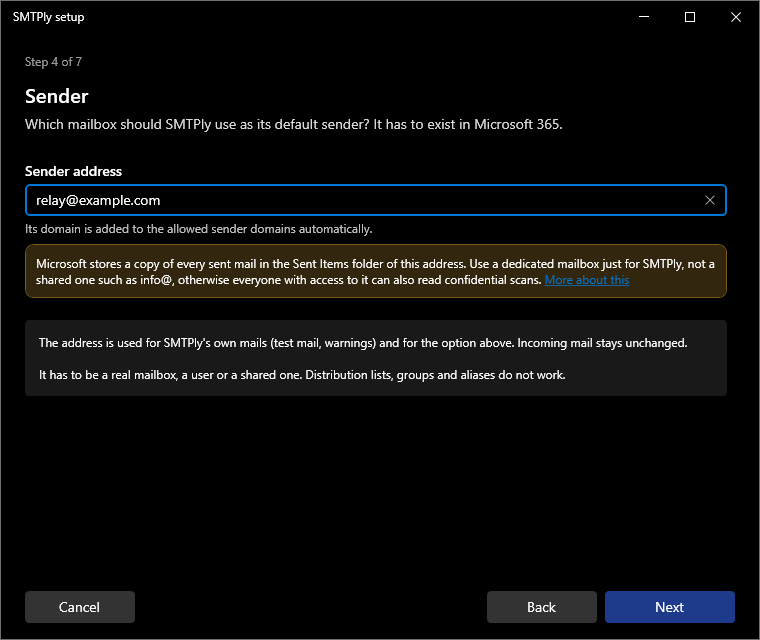 Assistant step 4: define the sender address