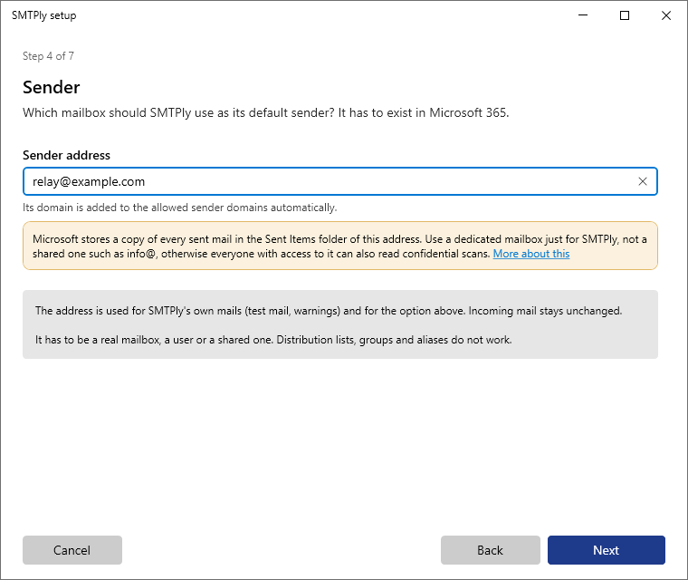 Assistant step 4: define the sender address