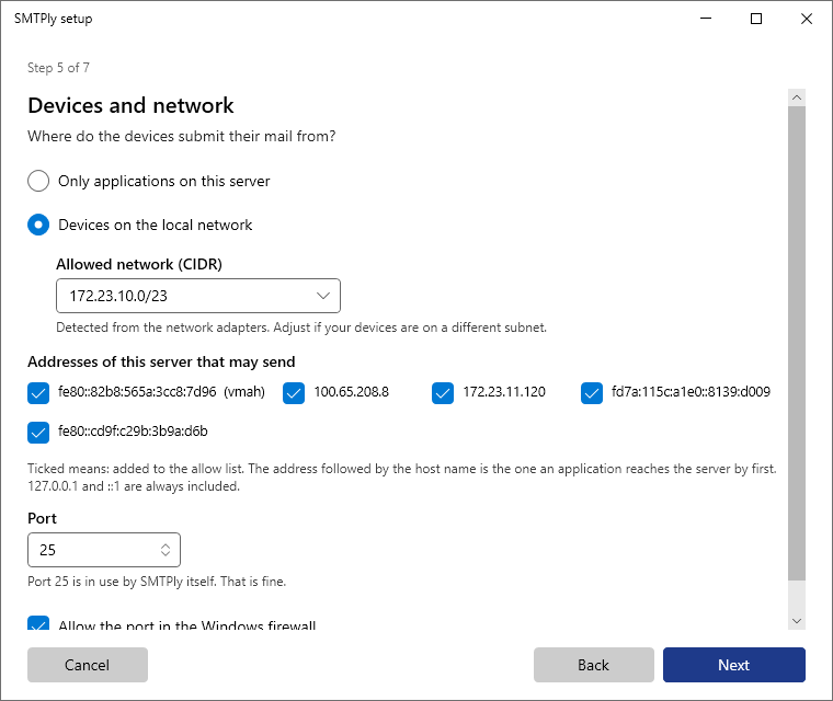 Assistant step 5: this server only or the local network, port and firewall rule