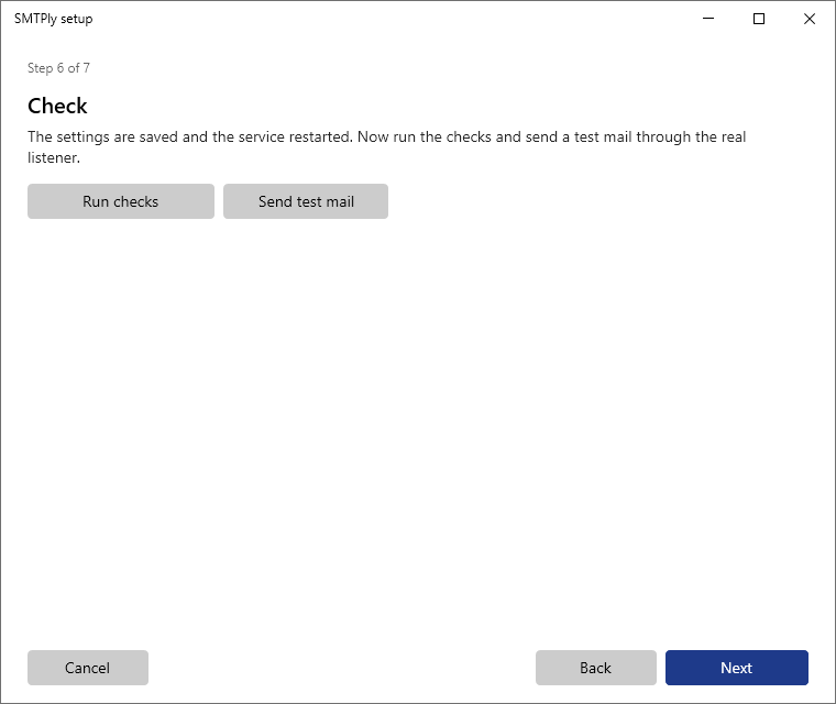 Assistant step 6: run the self-test and send a test mail