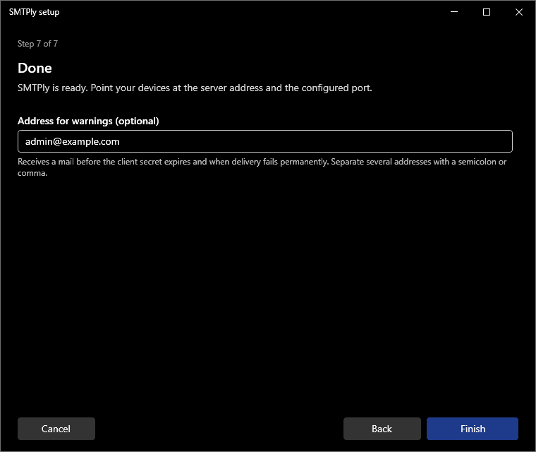 Assistant step 7: done, optionally an address for alert emails