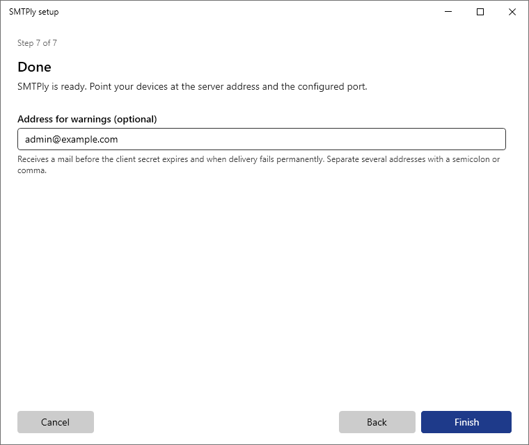 Assistant step 7: done, optionally an address for alert emails